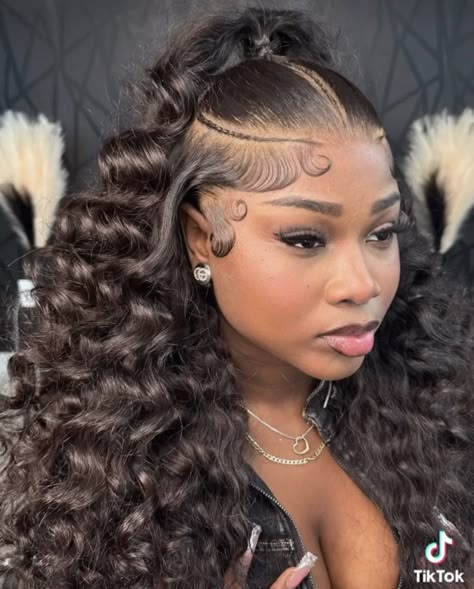 Creative Frontal Hairstyles, Curly Hair Wig Install, Half Up Half Down Hair Black Women Wig, Hairstyles For Lace Front Wigs, Half Up Half Down Hairstyles Curly Hair, Crimps Hairstyles For Black Women, Wig Hairstyles Curly, Curly Quick Weave Styles, Curly Wig Hairstyles Black Women