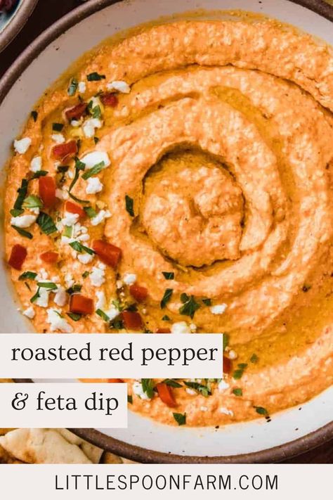 This creamy roasted red pepper and feta dip is made with roasted red bell peppers, feta cheese, garlic, lemon juice, red pepper flakes, and olive oil. It's an easy appetizer to make for parties. Roasted Feta Dip, Roasted Red Pepper Ideas, Red Pepper Dip Cream Cheese, Roasted Pepper Feta Dip, Bell Pepper Dip Recipes, Feisty Feta Dip, What To Do With Red Bell Peppers, Spicy Red Pepper Feta Dip, Feta Pepper Dip