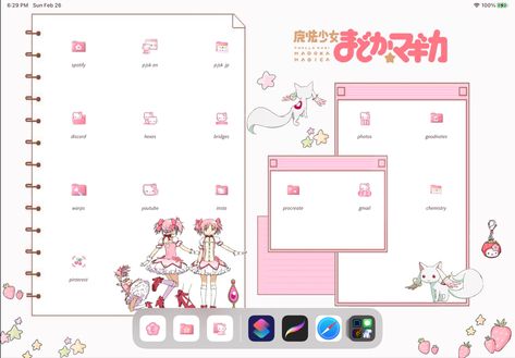 Madoka Magica Ipad Wallpaper, Ipad Pink Homescreen, Madoka Wallpaper Ipad, Pink Ipad Theme, Madoka Homescreen, Madoka Magica Homescreen, Madoka App Icon, Madoka Magica Ios Layout, My Melody Themed Phone