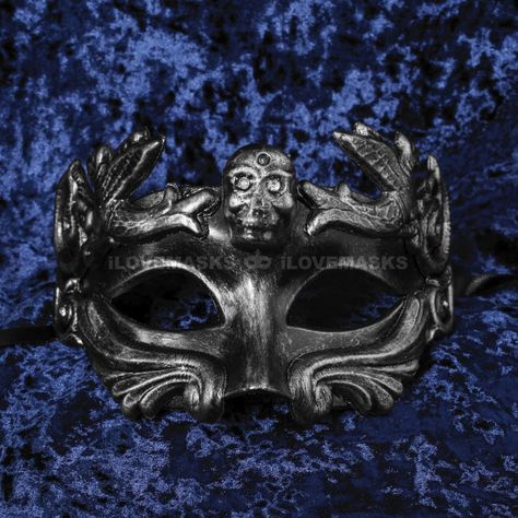 This Silver Halloween Roman Eye Mask Is Made From Rubber. Decorated With Skull Face With Rhinestone In The Eyes. The Mask Is About 9" Tall And 6" Wide. The Masquerade Mask Will Make A Great Costume Accessory. Great For A Halloween Event, Masquerade Ball, Venetian Costume The Mask Is Approximately 4" Tall And 6" Wide May Also Be Used As A Display Piece Hand-Painted With An Aged Finish Built-In 2 Ribbon Tie Color: Silver Usm-M3212-Bksv Fire Mask Design, Men Masquerade Mask, Male Masquerade Outfit, Male Masquerade Mask, Skull Masquerade Mask, Masquerade Mask Men, Halloween Masquerade Costume, Ballroom Extravaganza, Masquarade Mask