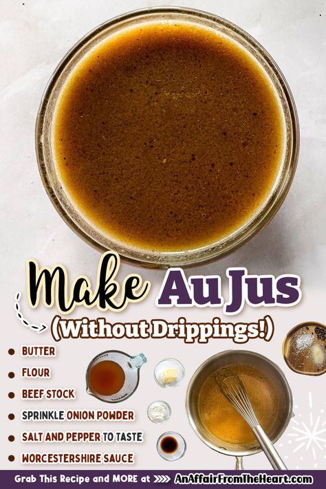 Overhead of Au Jus in a clear bowl. Homemade Au Jus Recipe, Homemade Au Jus, Easy Au Jus Recipe, Jus Recipe, Beef Au Jus, Au Jus Recipe, Au Jus Gravy, Beef Sandwiches, Homemade Sauce Recipes