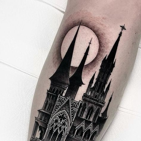 Castles Tattoo, Gothic Castle Tattoo Sleeve, Gothic Castle Tattoo Design, Goth Castle Tattoo, Castle Back Tattoo, Dracula Castle Tattoo, Castle Chest Tattoo, Tattoo Castle, Draculas Castle Tattoo