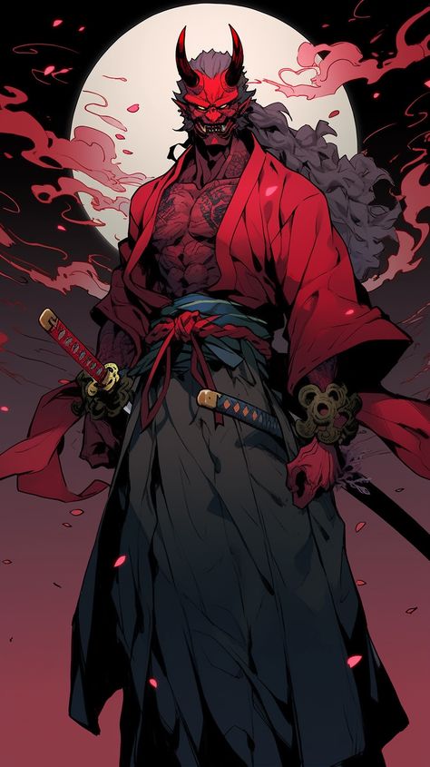 Fantasy Ronin Art, Evil Samurai Art, Oni Art Male, Oni Samurai Art, Oni Fantasy Art, Oni Concept Art, Japanese Ronin Art, Oni Oc Male, Samurai Anime Art