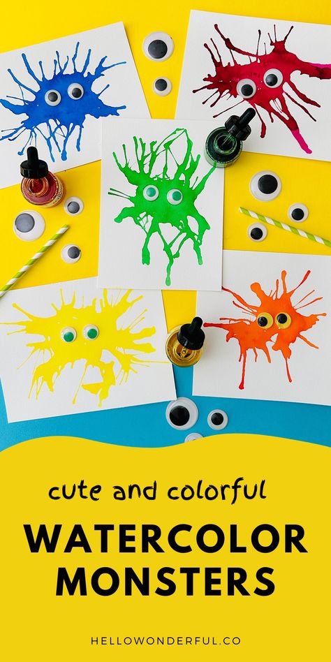 Watercolor Monsters. Halloween Craft art for kids. Monster Process Art Preschool, Monster Blow Painting, Watercolor Monster Art, Monster Preschool Art, Watercolor Halloween Art For Kids, Monster Art Preschool, Halloween Art For Preschoolers, Monster Crafts For Preschoolers, Halloween Art Activities For Toddlers