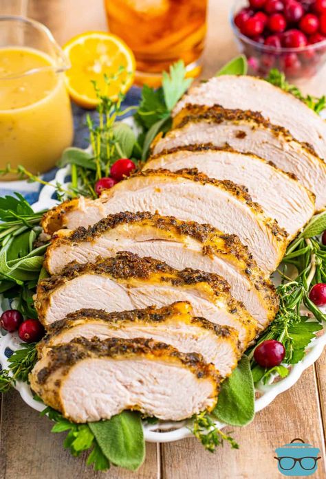 Sliced up Crock Pot Turkey Breast on platter with greens. Friendsgiving Recipe, Oven Roasted Pork Loin, Oven Roasted Pork Tenderloin, Turkey Breast Recipes, Boneless Turkey Breast, Turkey Breast Crockpot, Pork Roast In Oven, Slow Cooker Turkey Breast, Smoked Turkey Breast