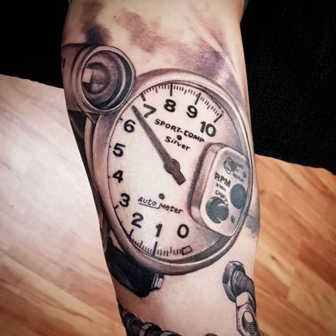 Rpm Gauge Tattoo, Mens Car Tattoos Ideas, Automotive Sleeve Tattoo, Tachometer Tattoo, Turbo Tattoo Design, Racing Tattoos For Men, Diesel Mechanic Tattoo, Rpm Tattoo, Race Car Tattoo