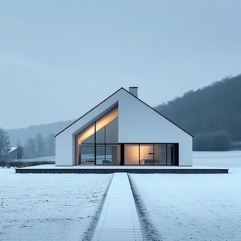 House With Sloping Roof, Minimalistic Architecture House, Shed Roof Architecture, Minimalist Architecture Exterior, Minimalist House Exterior Design, Modern White House, Architecture Scandinavian, Lakehouse Design, Minimalist Building