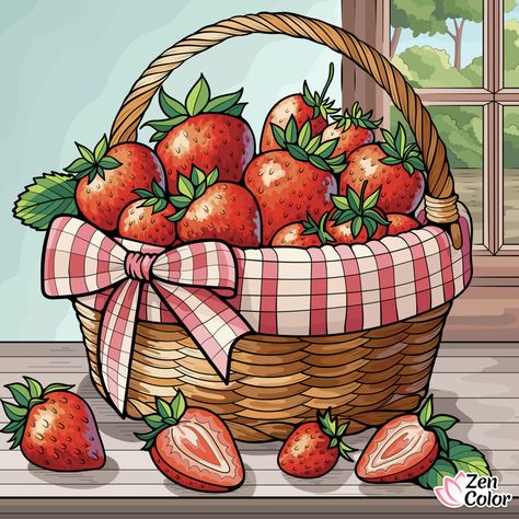 Fruit Basket Drawing, Cottagecore Picnic, Strawberry Basket, Basket Drawing, Fruits Drawing, Zen Colors, Food Illustration Art, Coloring Apps, Apple Watch Wallpaper