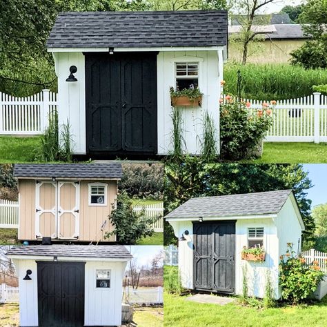 Paint Shed Ideas, Black And White Shed Exterior, White And Black Shed Exterior, Grey Shed Black Trim, Black And White She Shed, White Shed With Black Trim, Shed Painting Ideas Exterior Colors, Black Shed White Trim, White And Black Shed