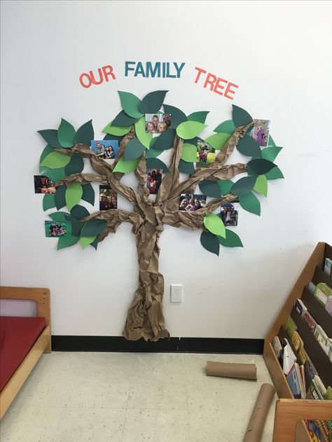 Daycare Family Wall Ideas, Family Tree Infant Classroom, Family Tree Ideas Preschool Classroom, Family Tree Eyfs Display, 3 D Tree For Classroom, Tree Wall Decoration Preschool, Trees For Classroom Decoration, Family Tree Nursery Ideas, Family Tree Ideas For Daycare