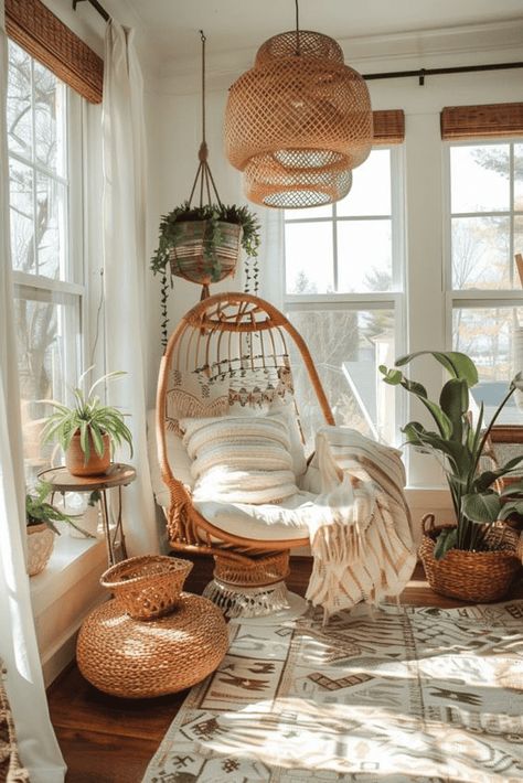 21 Boho Bedroom decor ideas: You have To Try yourself! - InspiredLiving Hanging Chair Decor Ideas, Boho Egg Chair, Sunroom Plants Decor, Hanging Chair Ideas, Hammock Decor, Sunroom Plants, Bohemian Sunroom, Boho Sunroom Ideas, Boho Sunroom