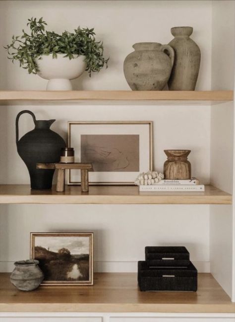 Click the link to shop! Large Shelves Decor, Natural Wood Office Decor, Living Room Shelf Decor Ideas, Decorating Built Ins, Living Room Floating Shelves, Styling Built In Shelves, Shelf Styling Living Room, Modern Shelf Decor, Tv Shelves