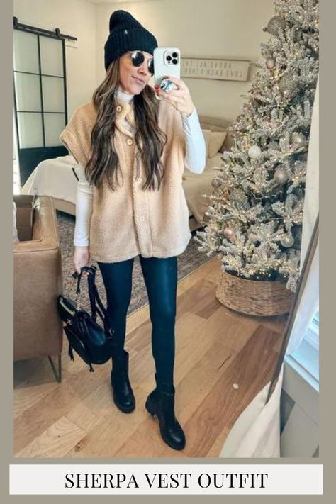 Sherpa vest outfit. Winter vest outfits. Winter fashion outfits. Vest Outfit Winter, Sherpa Vest Outfit, Leather Vest Outfit, Cold Winter Outfits, Winter Outfits For Women, Vest Outfits For Women, Leather Leggings Outfit, Vest Outfit, Sherpa Vest