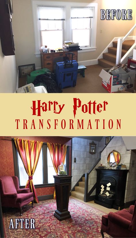 Follow along with the transformation of this unloved storage space into a fun “Magical Common Room” inspired by Harry Potter! Harry Potter Hidden Room, Harry Potter Homeschool Room, Harry Potter Themed Game Room, Harry Potter Inspired Bedroom Wallpaper, Harry Potter Room Of Requirement, Harry Potter Room Painting Ideas, Harry Potter Laundry Room Ideas, Harry Potter Inspired Home Decor, Harry Potter Themed House Decor