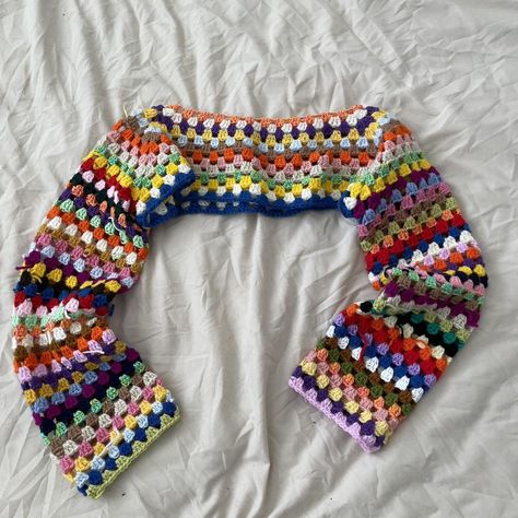 Multicoloured handmade crochet scrap sleeves, bright... - Depop Crochet Projects Multicolored Yarn, Crochet Market Ideas To Sell, Multicolor Yarn Crochet Projects, Wearable Crochet Projects, Shruggie Crochet, Crochet Scrap Sweater, Crochet Color Combinations, Crochet Scrap Yarn Projects, Scrap Yarn Crochet Projects