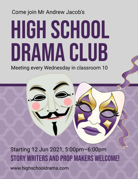 1,050+ extracurricular activities poster Customizable Design Templates | PosterMyWall College Club Poster, School Club Poster Ideas, Drama Club Poster, Town Layouts, School Drama, English Club, High School Drama, Extracurricular Activities, School Poster