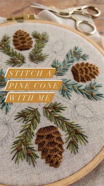 Tamara Carlier | Modern hand embroidery patterns | Etsy shop on Instagram: "🪡 Pine cone tutorial, using just three simple embroidery stitches! 🪡 1️⃣ Fill the scales with buttonhole stitch. Work from left to right, keeping your stitches nice and close together. Angle your stitches to follow the curved shape of the scales. 2️⃣ Add shading to each scale by working straight stitches between the buttonhole stitches. Start with the scale at the bottom of the pine cone and work upwards. 3️⃣ Add the highlight along the top edge of each scale in detached buttonhole stitch. You work these stitches through each of the loops of the buttonhole stitches already stitches in place from step 1 – and not the fabric – so they’re ‘detached’. And that’s it! Just three stitches and three shades of brown is al Pine Cone Embroidery Pattern, Embroidery Modern Patterns, Christmas Embroidery Tutorial, Simple Beaded Embroidery, Fill In Embroidery, Hand Bead Embroidery Patterns, Filling Stitches Embroidery, Embroidery Edge Stitches, Simple Christmas Embroidery