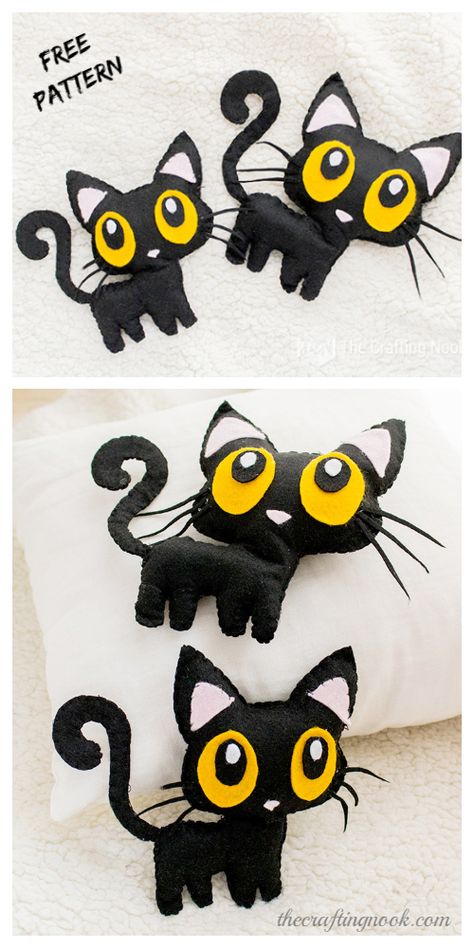 DIY Felt Halloween Black Cat Softie Free Sewing Pattern&Tutorial Free Halloween Felt Patterns, Halloween Felt Ornaments Patterns Free, Cats Diy Projects Craft Ideas, Felt Halloween Ornaments Free Patterns, Halloween Felt Crafts Free Pattern, Halloween Sewing Projects Free Pattern, Free Halloween Sewing Patterns, Halloween Felt Ornaments, Felt Crafts Halloween