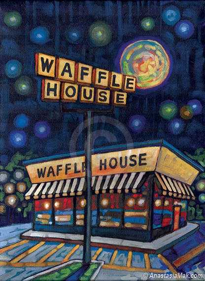 Waffle House by Anastasia Mak painting night sky stars breakfast awning yellow orange blue House At Night, Colorado Art, House Print, Waffle House, The Darkest Minds, House Art, New Wall, Art Show, House Painting