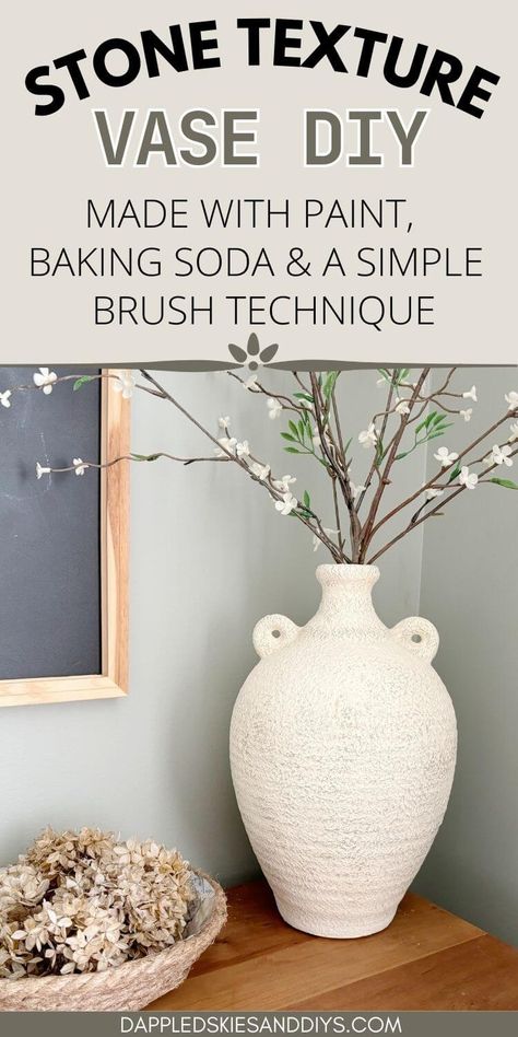 It's easy to texturize a vase with a faux stone finish. All you need is the right technique and a bit of paint and baking soda. Click into the post for details and follow along for more DIY ideas. Diy Stone Texture Paint, Paint To Look Like Stone, Faux Stone Vase Diy, Diy Stone Effect Vase, Diy Stone Look Vase, Paint Baking Soda Vase, Texture Vase Diy, Diy Painted Vases With Baking Soda, Textured Pots Diy