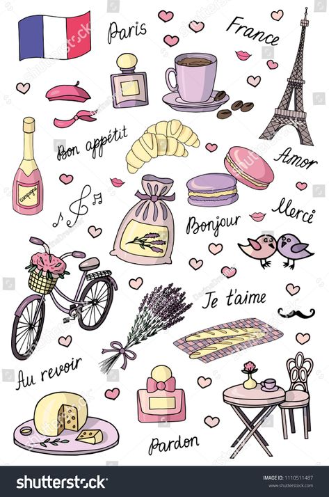 French Scrapbook Ideas, Paris Vector Illustration, French Food Drawing, French Character Design, French Doodle, France Tattoo, French Symbols, French Pictures, French Illustration