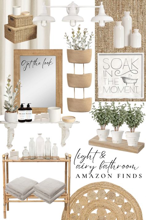 Light colored wood and white home decor from Amazon Neutral Spa Bathroom Ideas, Boho Master Room Bathroom Ideas, Bathroom Decor Mood Board, Boho Aesthetic Bathroom, Boho Bathroom Accessories, Organic Bathroom Decor Ideas, Bohemian Bathroom Decor Ideas, Target Bathroom Decor Ideas, Bathroom Boho Decor Ideas