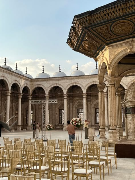 Wedding Venues In Egypt, Egypt Wedding Venues, Mosque Wedding, Egypt Mosque, Wedding Egypt, Gold Flowers Wedding, Egypt Wedding, Nikkah Contract, Cairo Citadel