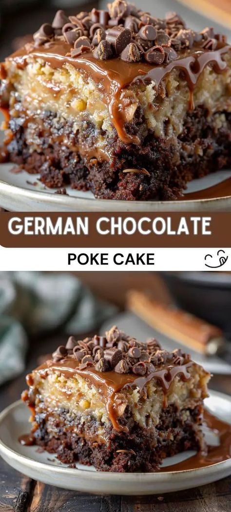 German Chocolate Poke Cake Recipe Cakes Made With Cake Mixes, Chocolate Poke Cake Recipes, Fudge Poke Cake, German Chocolate Poke Cake, Coconut Poke Cake, Poke Cake Recipe, Chocolate Poke Cake, Chocolate Dishes, Poke Cake Recipes