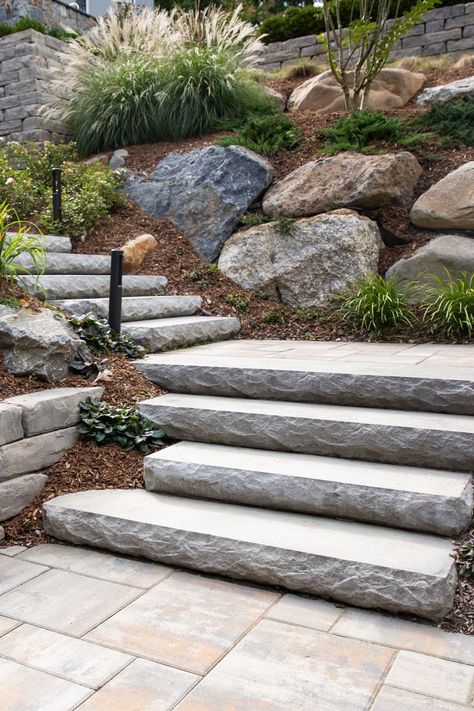 Sloped Backyard Landscaping, Landscape Stairs, Landscape Steps, Walkway Landscaping, Sloped Yard, Sloped Backyard, Stone Steps, Hardscape Design, Garden Stairs