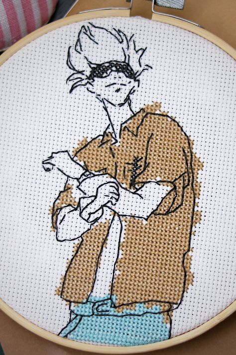 Anime Emboirdery, Anime Pixel Art Jujutsu Kaisen, Cross Stitch Drawing, Gojo Satoru Embroidery, Gojo Cross Stitch, Cross Stitch Anime Patterns, Jujutsu Kaisen Crafts, Anime Embroidery Pattern, Embroidery Anime Designs