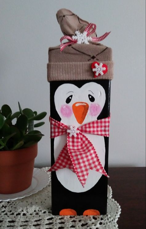 2x4 Holiday Penguin 4 By 4 Crafts, 4 X 4 Christmas Crafts, Christmas Penguin Crafts, 2x4 Winter Crafts, 2x4 Crafts Christmas, Jenga Block Penguin, Diy Penguin Decorations, 4 X 4 Post Projects, 4x4 Christmas Wood Crafts