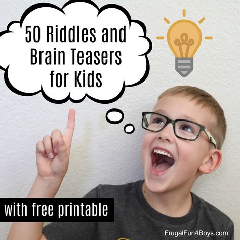 Challenge kids to think with this collection of 50 Riddles and Brain Teasers for Kids! So fun when they "get" the riddle and have that a-ha moment! Kid Riddles, Kids Jokes And Riddles, Printable Brain Teasers, Riddles Kids, Christmas Jokes For Kids, Jokes Kids, Funny Riddles With Answers, Icebreaker Games, Brain Teasers Riddles