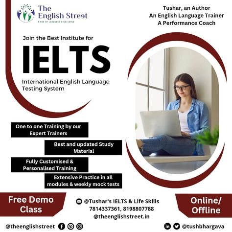 Join the best IELTS Coaching Institute.A constant routine for your IELTS preparation will get you IELTS success. Book your free IELTS demo Classes Now!! Online and Offline Classes Available.. #theenglishstreet #tusharieltshub #tusharlifeskills #lifecoach #ielts #ieltspreparation #motivation #success #growthmindset #bestintricity #discover Ielts Advertisements, Ielts Classes Poster, Coaching Classes Poster Design, Ielts Poster Design, Ielts Creative Ads, Ielts Ads, Class Poster Ideas, Class Poster Design, Work Posters