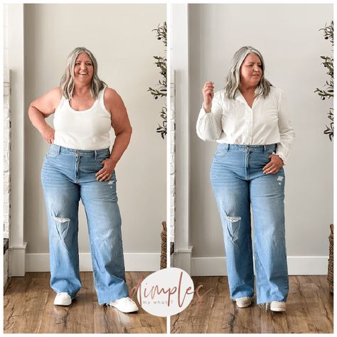 Wide-leg jeans can be flattering for plus-size women and I've found four pairs that are well worth a try-on and I'm sharing three styling tips for how to make them work for curvy figures. Plus Size Petite Jeans, Plus Jeans Outfit, Wide Leg Jeans Curvy Outfit, Plus Jeans Outfit Plus Size, Plus Wide Leg Jeans Outfit, Wide Hips Fashion, How To Style Wide Leg Jeans Plus Size, Wide Leg Plus Size Outfit, Plus Size Straight Leg Jeans Outfits