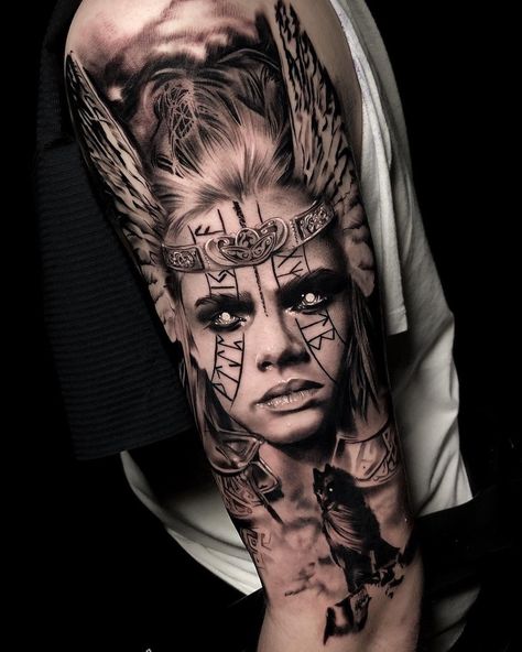 Black & Grey Realism Arm Tattoo  https://www.instagram.com/p/B1jZUpfiP_W/ Viking Tattoos For Men, Dallas Tattoo, Viking Warrior Tattoos, Female Warrior Tattoo, Norse Mythology Tattoo, Valkyrie Tattoo, Viking Tattoo Sleeve, Throat Tattoo, Warrior Tattoos