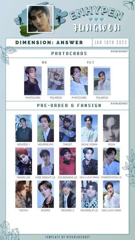 template by : @ivebluefrost Jungwon Dimension Answer, Enhypen Jungwon Photocard, Enhypen Pc Template, Enhypen Template, Jungwon Photocard, Kpop Merch Collection, Enhypen Albums, Wishlist Photocard, Enhypen Photocard