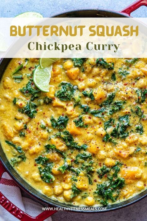 Chickpea Butternut Squash, Vegan Butternut Squash Recipes, Curry Squash, Fasting Meals, Squash Curry, Netherlands Food, Butternut Squash Curry, Vegan Chickpea Curry, Plant Based Recipe