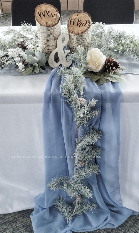 Head table décor.  Winter theme Woodsy Wedding Decor, Winter Wedding Arch, Ice Blue Weddings, Silver Winter Wedding, Wonderland Wedding Theme, Christmas Wedding Themes, Blue Winter Wedding, Blue Wedding Decorations, Winter Wedding Centerpieces