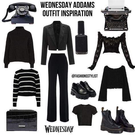 Dressing Like Wednesday Addams, Goth Halloween Outfit Ideas, Wednesday Fashion Inspiration, Wednesday Addams Capsule Wardrobe, Modern Wednesday Addams Outfits, Wednesday Adams Outfits 2022, How To Dress Like Wednesday Addams, Wednesday Addams Accessories, Wednesday Clothes Aesthetic