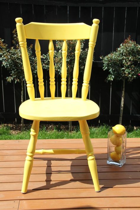 Second hand old wooden chair  - sanded down and painted a 'lemon' coloured yellow. Colorful Dining Room Chairs, Painted Chairs Diy, Wooden Kitchen Chairs, Old Wooden Chairs, Wooden Folding Chairs, Black Dining Room Chairs, Wrought Iron Patio Chairs, Yellow Wood, Farmhouse Dining Chairs