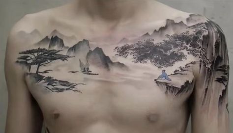 Traditional Chinese Tattoo, Tattoo Font For Men, Landscape Tattoo, Chinese Tattoo, Floral Tattoo Sleeve, Doodle Tattoo, Chest Tattoo Men, Asian Tattoos, Instagram Tattoo