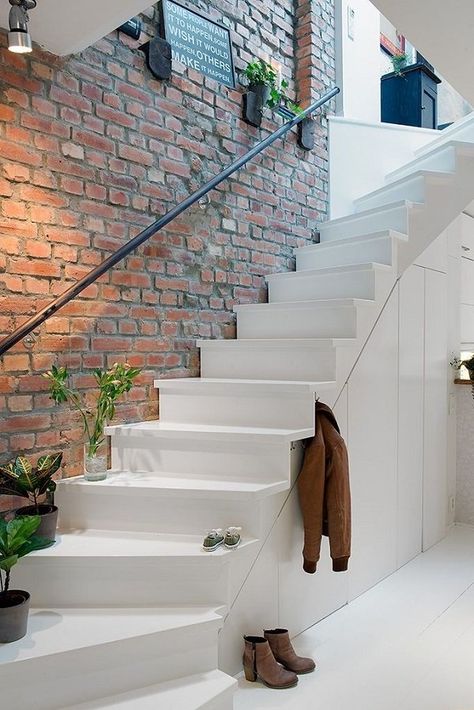 55 Brick Wall Interior Design Ideas | Art and Design Brick Wall Interior Design, Fake Brick Wall, Brick Wall Ideas, Diy Brick Wall, Fake Brick, Stairway Decorating, White Stairs, Brick Interior Wall, Scandinavian Dining Room