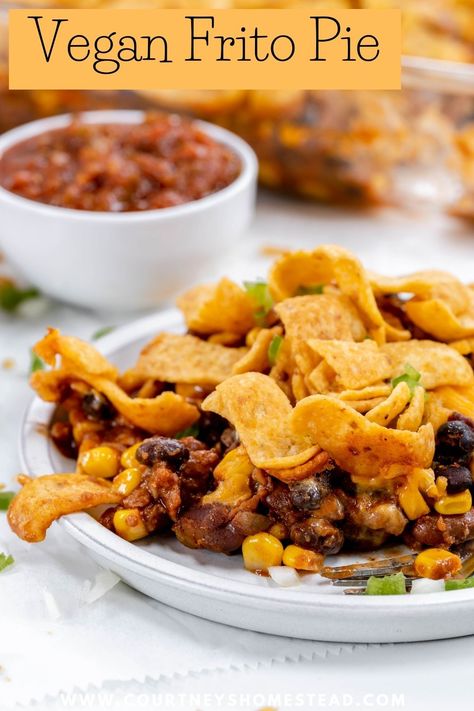 Vegan Frito Pie - Courtney's Homestead Vegan Mexican Meals, Vegan Frito Pie, Vegetarian Frito Pie, Easy Frito Taco Pie, Healthy Frito Chili Pie, Wfpb Lunch, Vegan Taco Tuesday, Ultimate Frito Taco Pie, Vegan Barrio Tacos