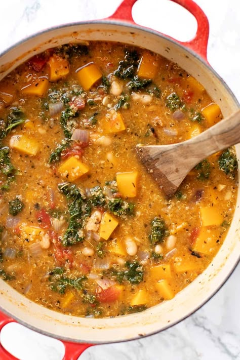 Kale White Bean, Butternut Squash And Kale, White Bean Stew, Vegetarian Stew, Tuscan Kale, Simply Quinoa, Vegan Soup Recipes, Vegetarian Entrees, One Pot Dinner