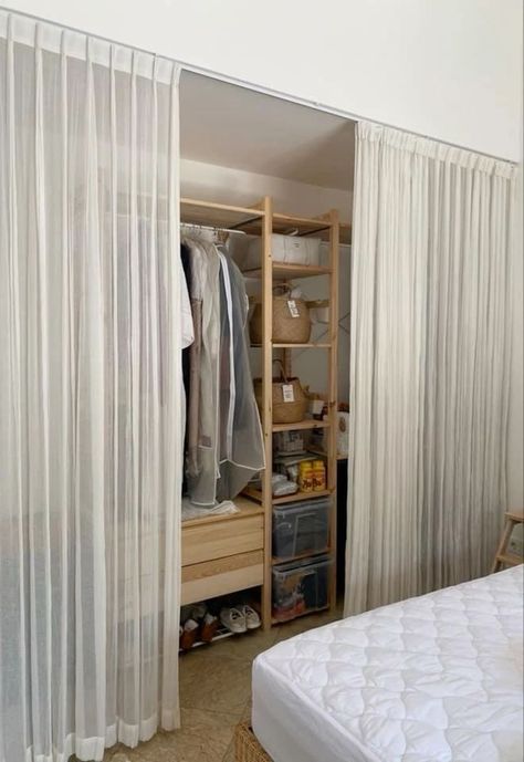 Unique Storage Ideas For Small Spaces Bedrooms, Curtain Wardrobe, Almirah Design, Parisian Studio, Closet Curtains, House Dressing, Open Wardrobe, No Closet Solutions, Desain Furnitur Modern