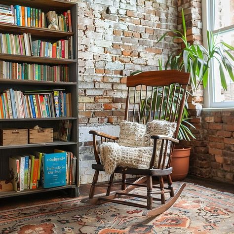 Cozy rustic reading nook with wooden rocking chair, natural light, exposed brick walls, and bookshelf Rustic Reading Nook, Wooden Rocking Chair, Wooden Rocking Chairs, Exposed Brick Walls, Brick Walls, Exposed Brick, Reading Nook, Brick Wall, Rocking Chair