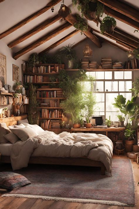 AI-generated cozy bedroom with wooden bookcase, indoor plants, perfect for relaxation and study. Cozy Wooden Bedroom, Boho Bookcase, Vibey Bedroom, Industrial Style Decor, Study Sessions, Relaxing Bedroom, Wooden Bookcase, Classic Home Decor, Classic Home