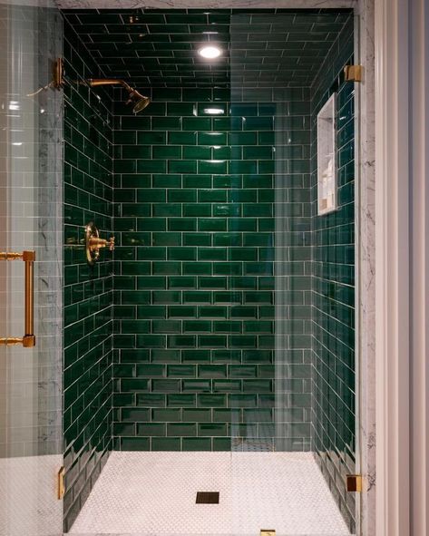 Emerald Green Bathroom, Dark Green Bathroom, Green Shower Tile, Dark Green Tile, Waterproof Wall Panels, Dark Green Bathrooms, Dekorere Bad, Green Subway Tile, Green Tile Bathroom