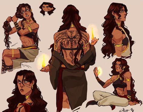 Back Tattoo Character Design, Fire Magic Character Design, Tattooed Masc Women, Fire Magic Reference, Triplets Character Design, Scholar Pose Reference, Fae Character Inspiration, Snake Hair Oc, Tattoos Character Design