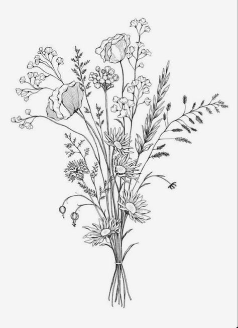 Line Drawing Wildflowers, Flower Drawing Composition, Wildflower Bouquet Line Drawing, Wildflower Sketch Drawings, Wildflower Drawing Tattoo, Flower Bouquet Drawings, Flower Arrangement Drawing, Flower Drawing Bouquet, Wildflower Bouquet Drawing